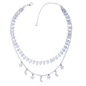 Silvertone Moon and Star Vintage Rondelle Crystal Necklace